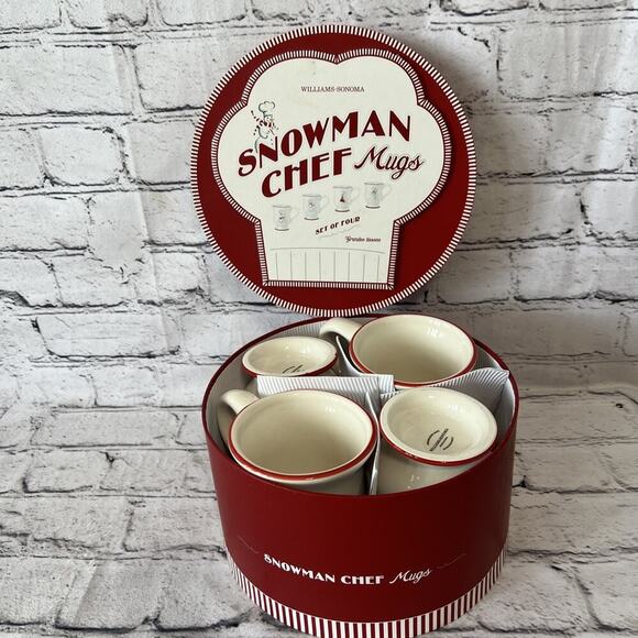 Williams-Sonoma Snowman Chef Christmas Winter Holiday Mugs Set‎ Of 4 NEW - Picture 1 of 6
